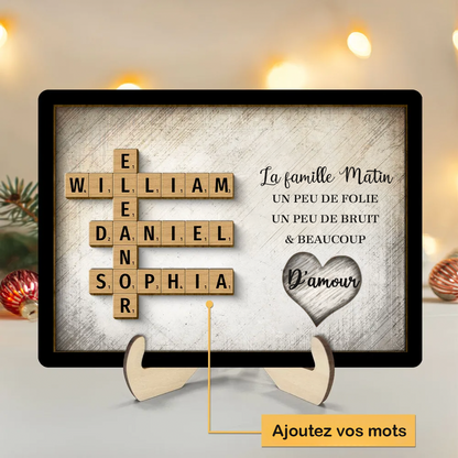 Plaque en bois personnalisée à 2 couches avec noms de famille en mots croisés