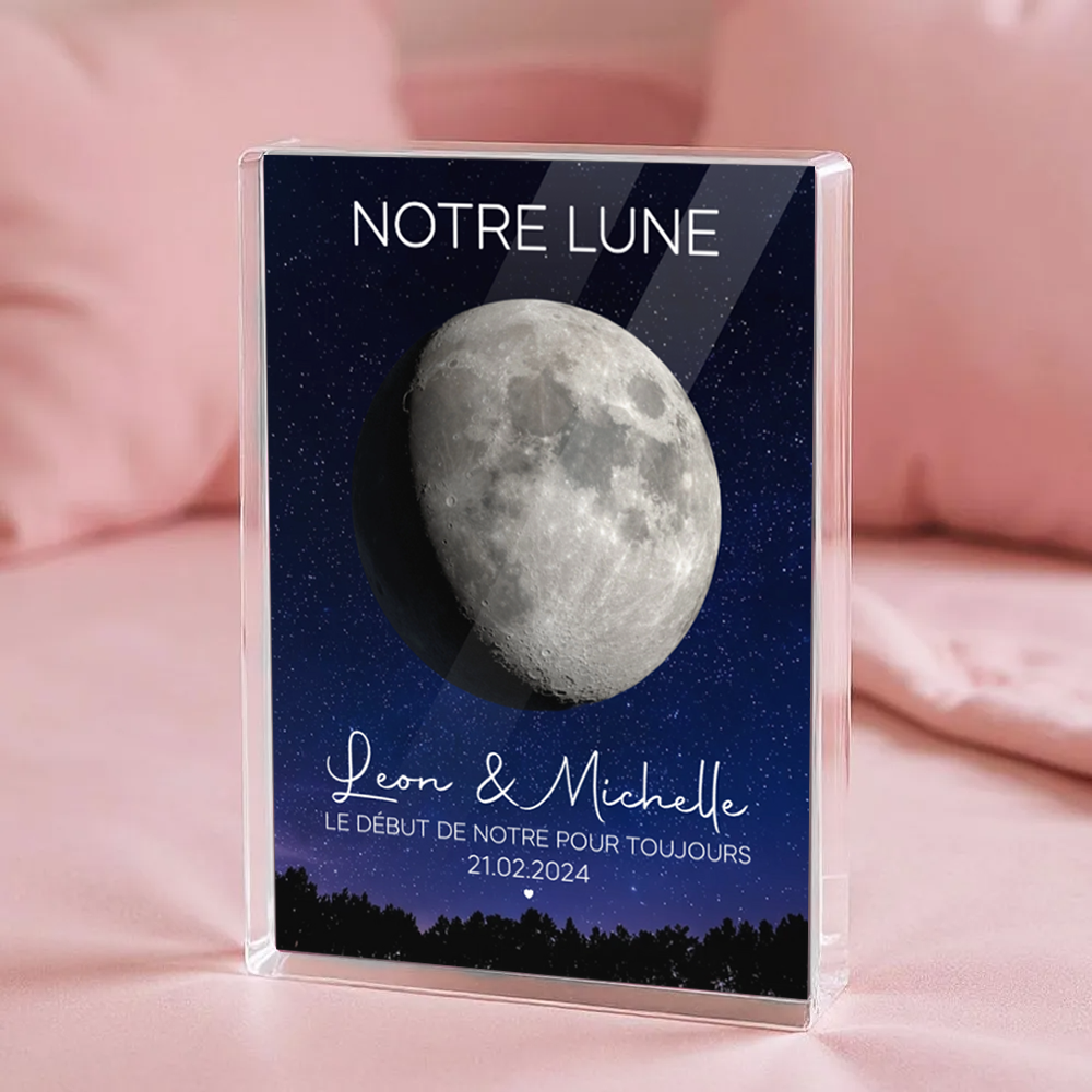 Notre lune pour les couples - Bloc acrylique personnalisé avec phase lunaire, noms et citation