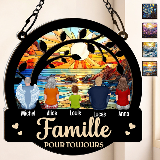 Famille pour toujours - Ornement de fenêtre personnalisé en acrylique et bois attrape-soleil