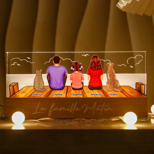 Veilleuse LED personnalisée avec famille, chat et chien – Cadeau pour papa, maman, papi et mamie
