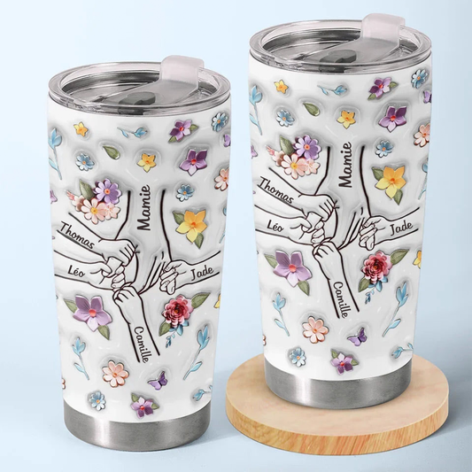 Mains dans la main – Gobelet isotherme personnalisé avec motif floral, cadeau pour Mamie et Maman
