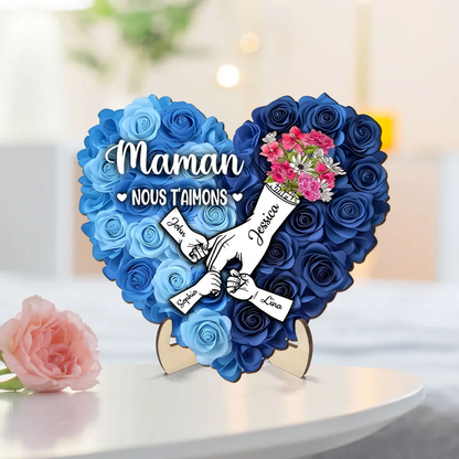 Décoration en bois personnalisé « Main dans la main » avec roses – Cadeau pour maman et mamie