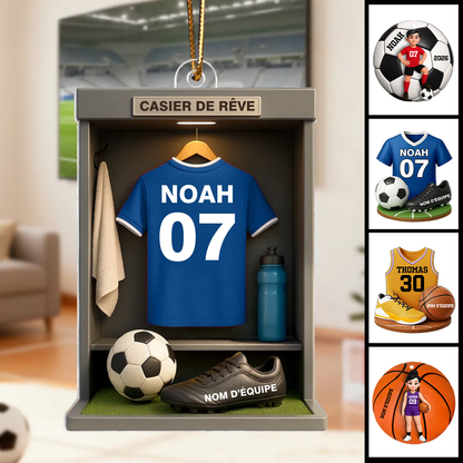 Ballon de football / basketball et maillot – Pendentif en acrylique personnalisé avec prénom et couleur