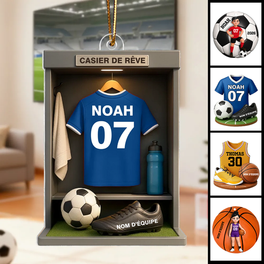 Ballon de football / basketball et maillot – Pendentif en acrylique personnalisé avec prénom et couleur