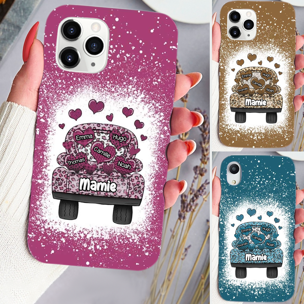 Coque en silicone personnalisée avec landau, cœurs et prénoms – Cadeau pour mamie et maman, compatible iPhone et Samsung