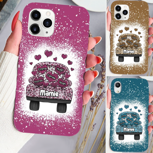 Coque en silicone personnalisée avec landau, cœurs et prénoms – Cadeau pour mamie et maman, compatible iPhone et Samsung