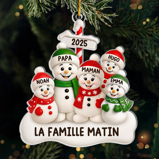 Orement en acrylique avec famille de bonhommes de neige Décoration de Noël personnalisée avec parents et 1 à 4 enfants