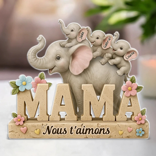 Plaque en acrylique personnalisée Éléphants Maman – Cadeau pour maman