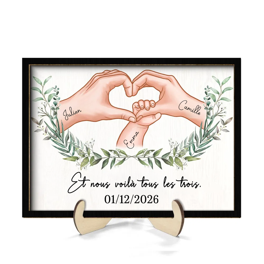Plaque en bois personnalisée avec motif main dans la main – Cadeau pour jeune maman et jeune papa