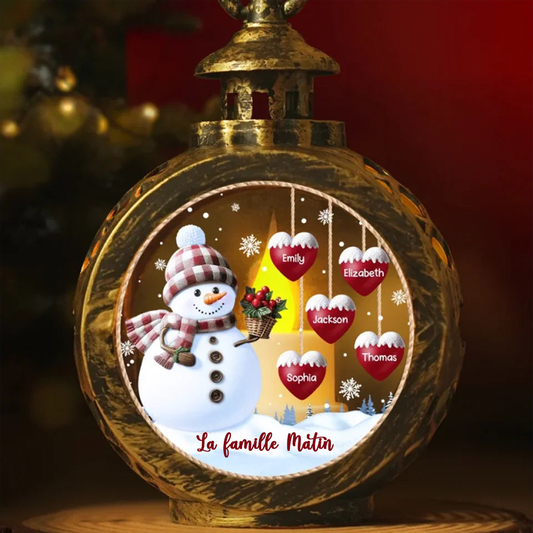 Bonhomme de neige et cœurs - Lanterne ornementale personnalisée à lumière de bougie