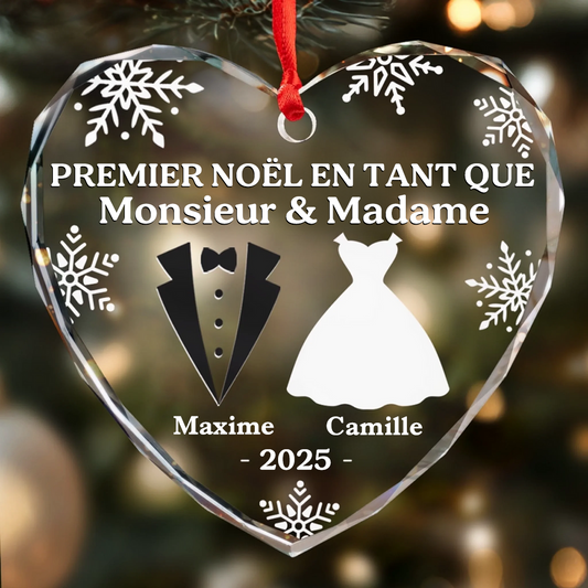 Premier Noël de jeunes mariés-Décoration en verre en forme de cœur personnalisée Orement de Noël