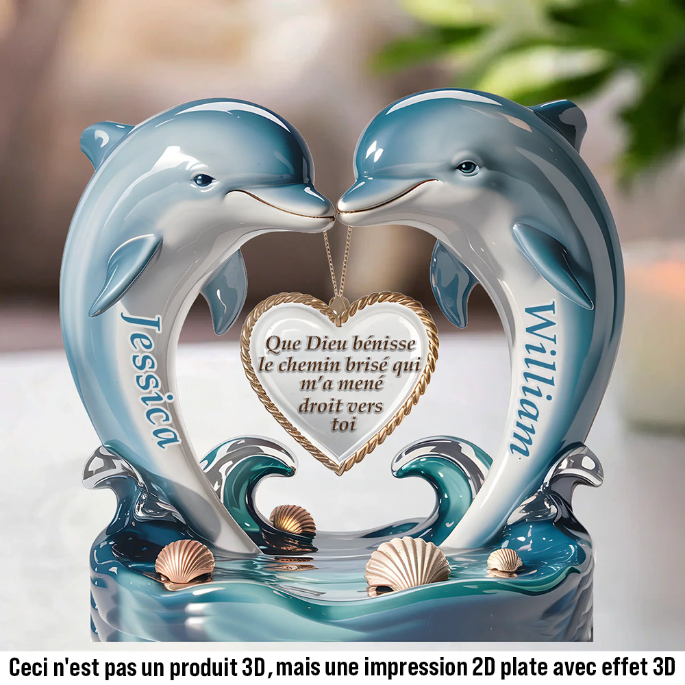 Plaque acrylique personnalisée avec dauphins et cœur – Cadeau pour couple