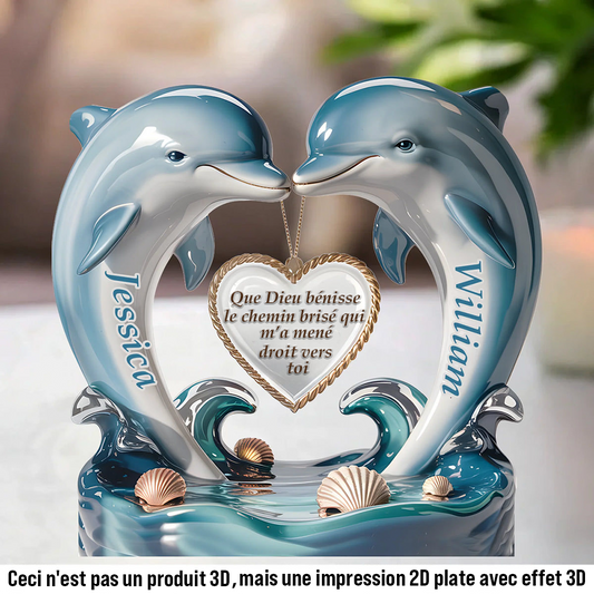 Plaque acrylique personnalisée avec dauphins et cœur – Cadeau pour couple