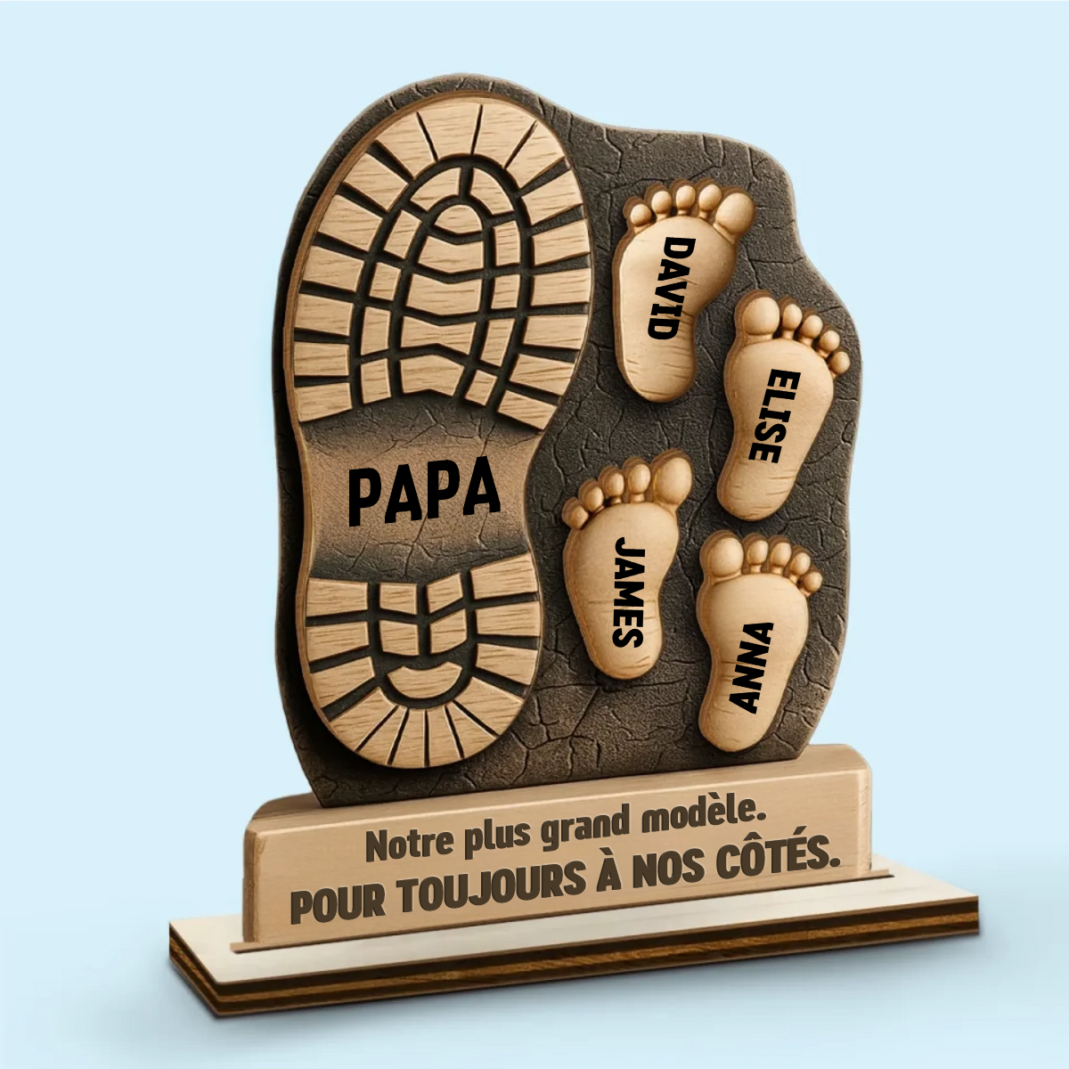 Décoration en bois personnalisé à 2 couches avec empreintes de pieds – Cadeau pour papa