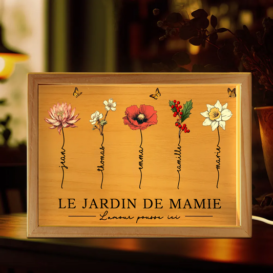 Jardin de mamie – Boîte lumineuse cadre en bois personnalisée avec fleurs de naissance et texte, pour mamie et maman