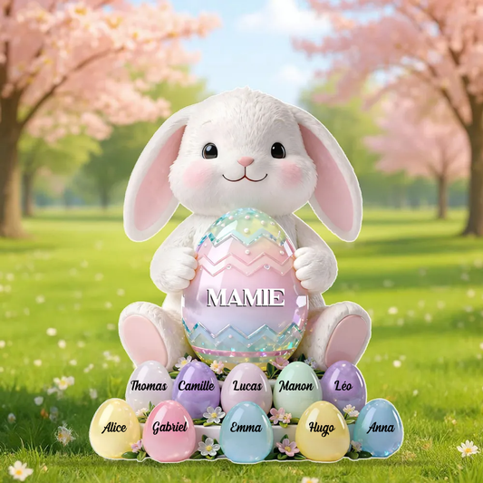 Lapin de Pâques Mamie – Bloc en acrylique personnalisé avec prénoms – Décoration de Pâques, cadeau pour mamie