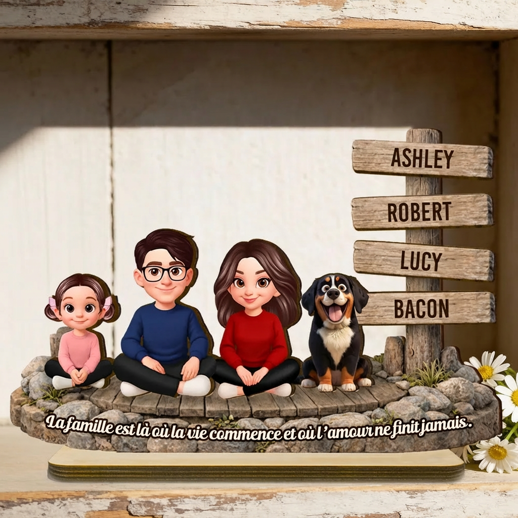 Décoration en bois personnalisé avec famille, chien et chat