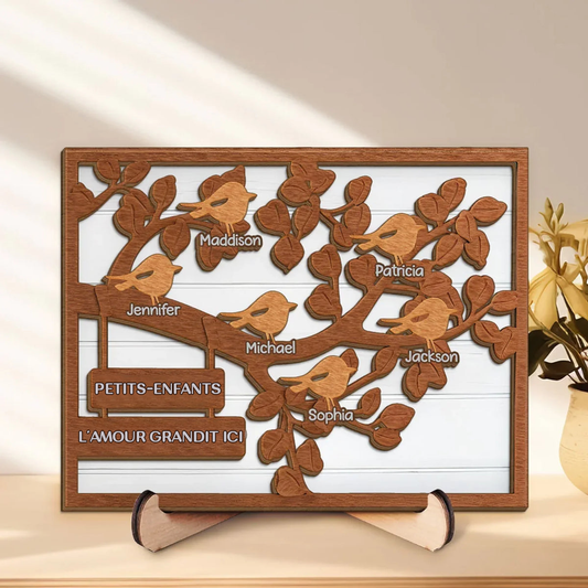 Tableau en bois personnalisé avec arbre et oiseaux – Pour la famille et les grands-mères