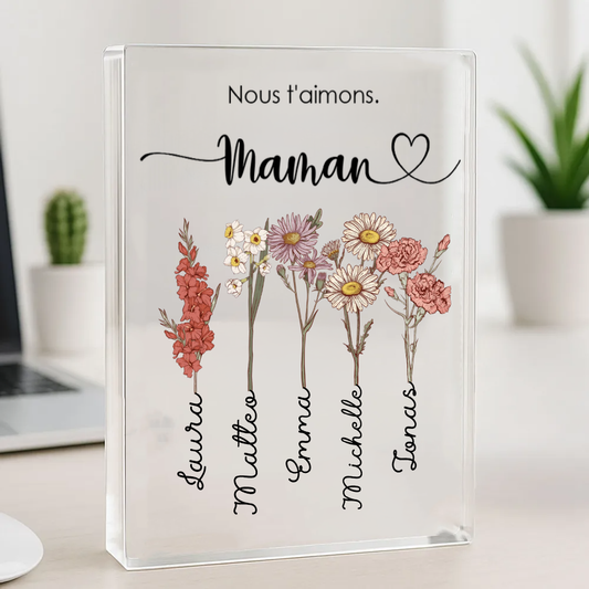 Bloc en acrylique personnalisé avec fleurs de naissance, prénoms et texte – Cadeau pour mamie et maman