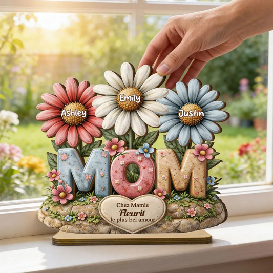 Décoration en bois personnalisé « MOM » avec fleurs – Cadeau pour maman et mamie