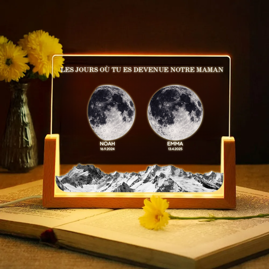 Veilleuse LED personnalisée avec phases de lune et socle en U – Cadeau pour maman