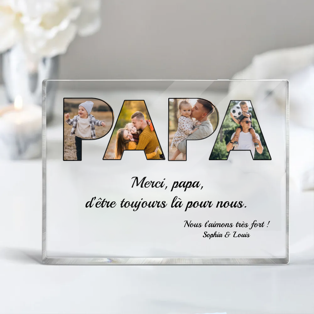 Bloc acrylique PAPA avec photos, texte et nom Cadeau pour papa