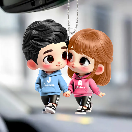 Adorable Couple Dessiné – Ornement Acrylique Personnalisé Pour Voiture