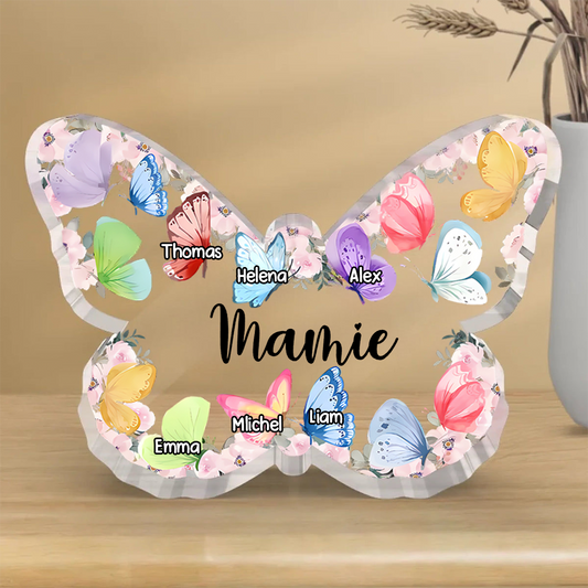 Plaque en acrylique personnalisée avec des papillons – Cadeau pour Mamie