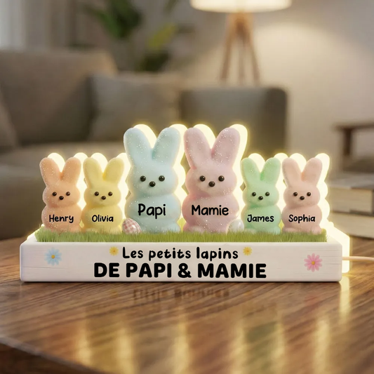 Lapins de Pâques pour mamie et papi – Boîte lumineuse LED personnalisée avec les prénoms des petits-enfants | Cadeau de Pâques pour grands-parents