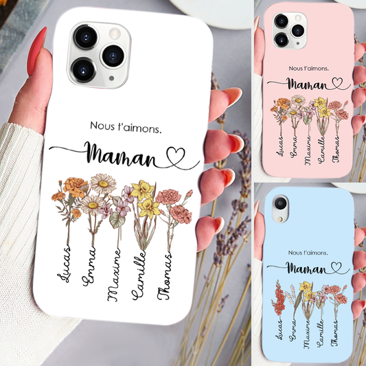 Coque en silicone personnalisée avec fleurs de naissance – Cadeau pour mamie et maman, compatible iPhone et Samsung