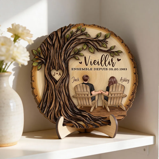 Couple sous un arbre – Présentoir en bois personnalisé avec année, numéro et texte – Cadeau d’anniversaire de mariage