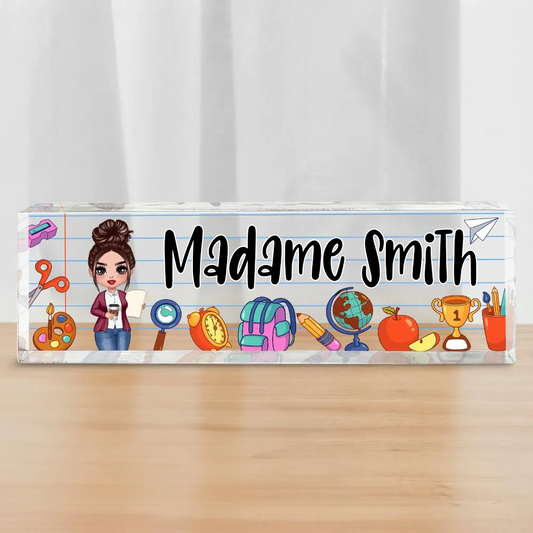 Plaque de bureau en acrylique personnalisée – Motifs scolaires pour enseignantes