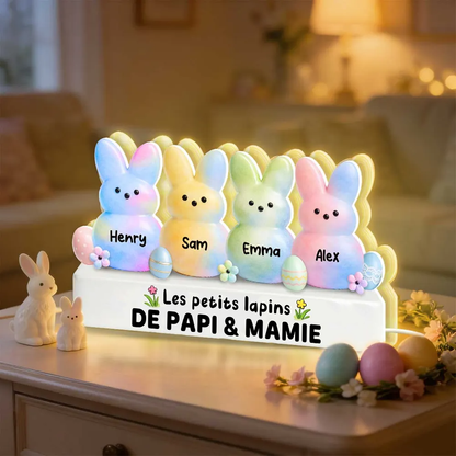 Lapins de Pâques colorés pour mamie et papi – Boîte lumineuse LED personnalisée avec les prénoms des petits-enfants | Cadeau de Pâques pour grands-parents