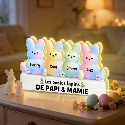 Lapins de Pâques colorés pour mamie et papi – Boîte lumineuse LED personnalisée avec les prénoms des petits-enfants | Cadeau de Pâques pour grands-parents