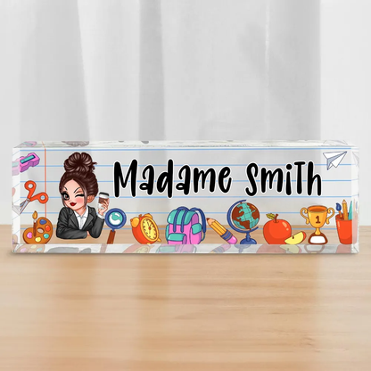 Plaque nominative en acrylique personnalisée – Pour enseignantes avec motif scolaire
