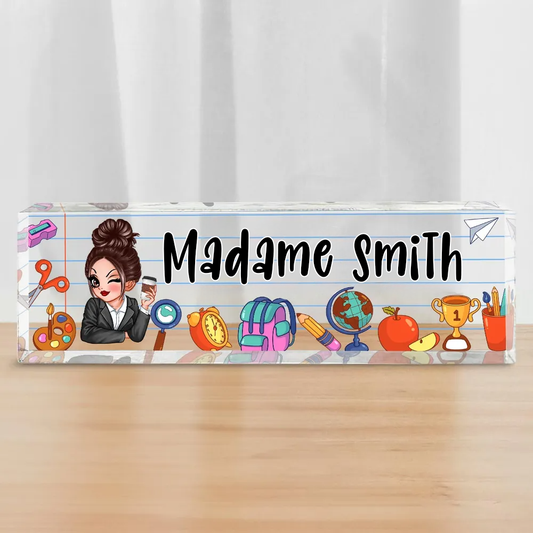 Plaque nominative en acrylique personnalisée – Pour enseignantes avec motif scolaire