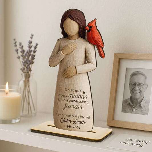 Femme et cardinal rouge – Présentoir en bois personnalisé – Cadeau commémoratif