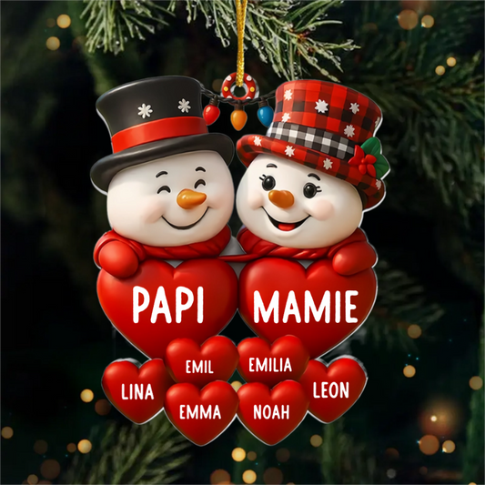 Bonhommes de neige avec des cœurs  Pendentifs de Noël avec nom Cadeau pour grand-père et grand-mère