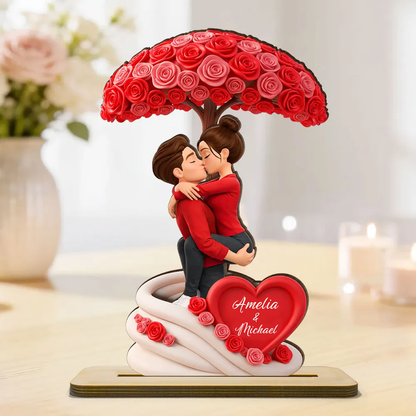 Couple et parapluie de roses – Présentoir en bois personnalisé avec figurines et prénoms