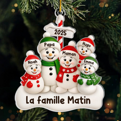 Orement en acrylique avec famille de bonhommes de neige Décoration de Noël personnalisée avec parents et 1 à 4 enfants