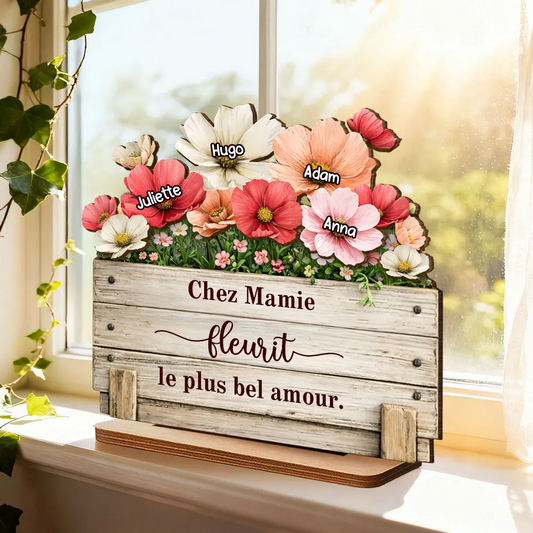 Le jardin de mamie - Décoration en bois personnalisé avec motif floral : un cadeau pour maman et mamie