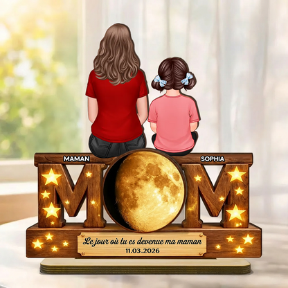 « Le jour où tu es devenue ma maman » – Décoration en bois personnalisé « MOM » avec phase de lune – Cadeau pour maman