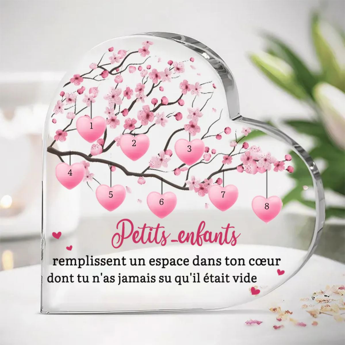 Coeur en acrylique avec arbre généalogique, de 1 à 8 noms, pour maman et mamie.
