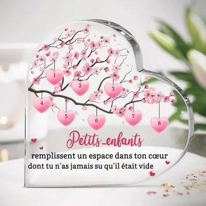 Coeur en acrylique avec arbre généalogique, de 1 à 8 noms, pour maman et mamie.