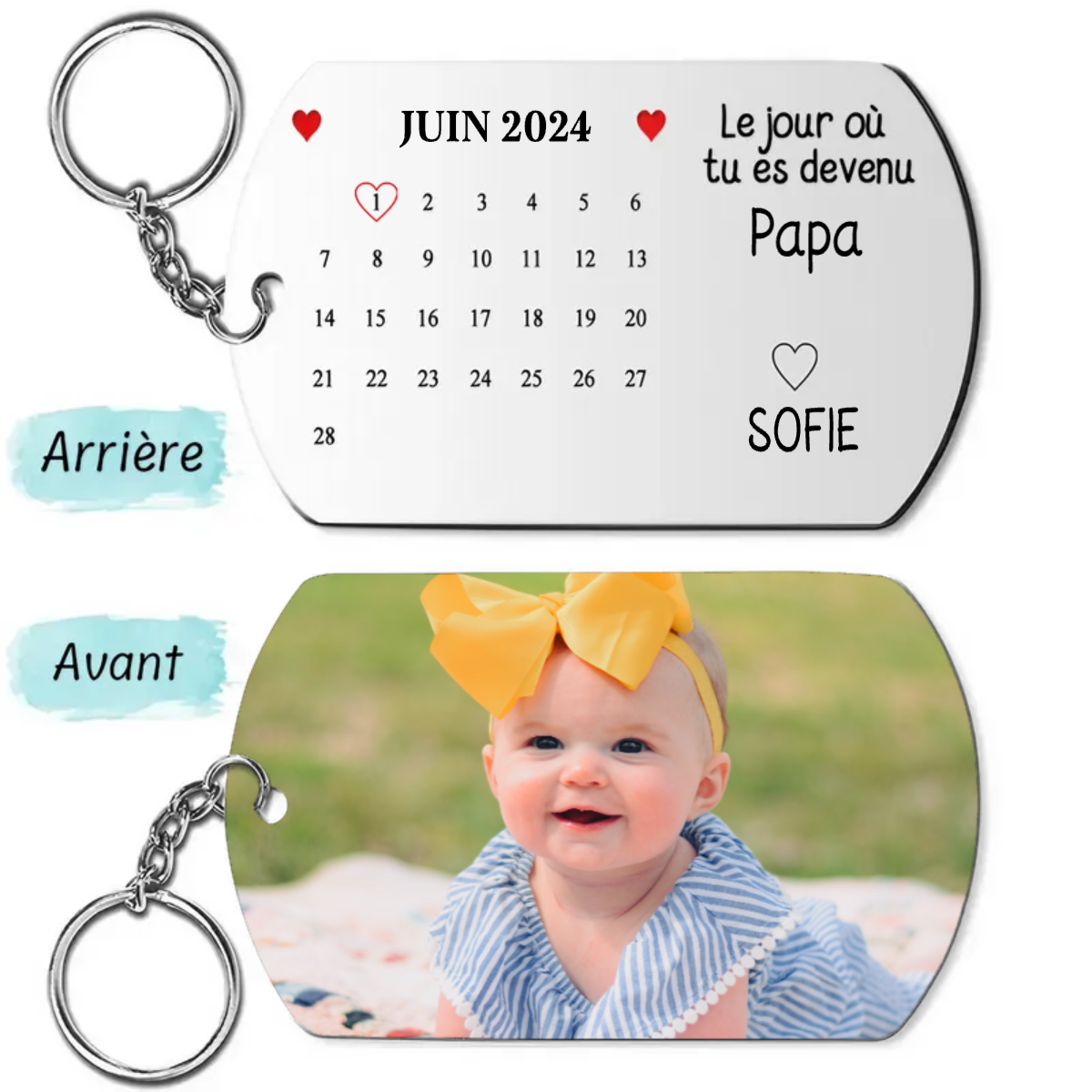 Porte-clés photo en acier inoxydable avec date et nom