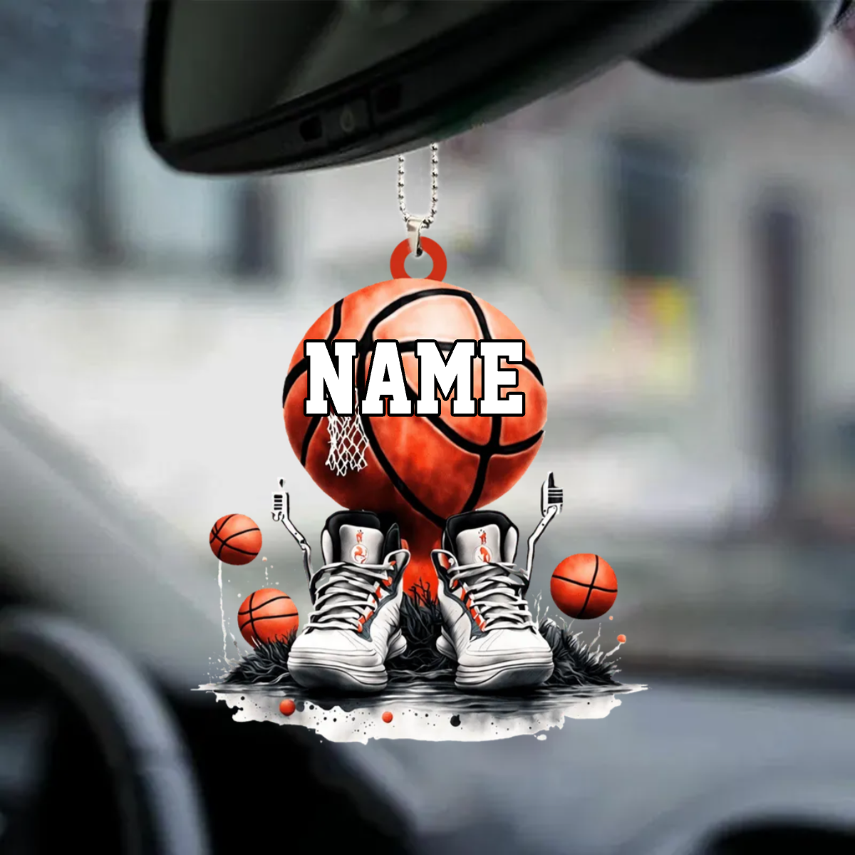 Pendentif acrylique avec basketball, nom personnalisé
