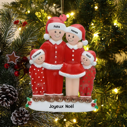 Ornement de Noël en verre acrylique - Famille en pyjama avec 3 à 6 prénoms