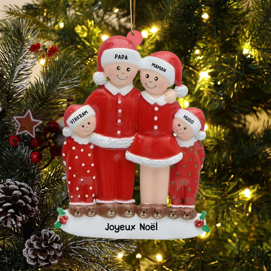 Ornement de Noël en verre acrylique - Famille en pyjama avec 3 à 6 prénoms