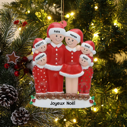 Ornement de Noël en verre acrylique - Famille en pyjama avec 3 à 6 prénoms