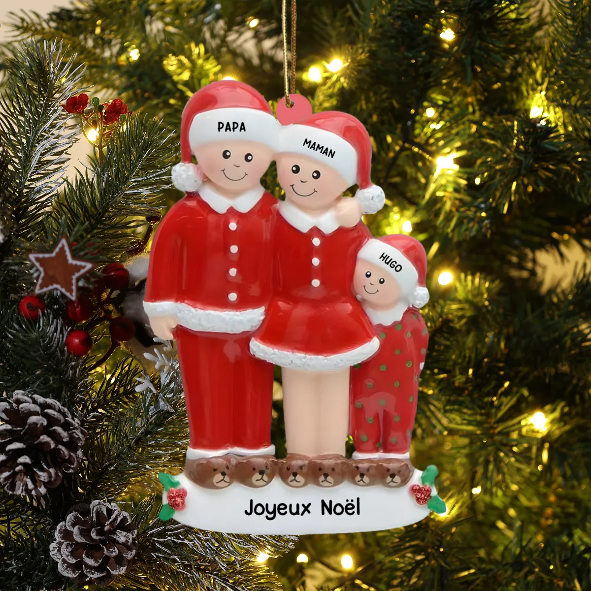 Ornement de Noël en verre acrylique - Famille en pyjama avec 3 à 6 prénoms